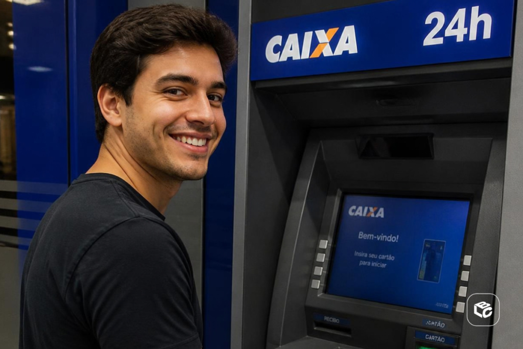Pessoa em frente a um caixa eletrônico da Caixa Econômica Federal, posicionada de lado para a câmera. O terminal de autoatendimento exibe a marca "CAIXA" e a indicação "24h" na parte superior. Na tela do equipamento aparece a mensagem "Bem-vindo! Insira seu cartão para iniciar". O ambiente possui tons predominantes de azul e iluminação interna de agência bancária.