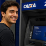 Pessoa em frente a um caixa eletrônico da Caixa Econômica Federal, posicionada de lado para a câmera. O terminal de autoatendimento exibe a marca "CAIXA" e a indicação "24h" na parte superior. Na tela do equipamento aparece a mensagem "Bem-vindo! Insira seu cartão para iniciar". O ambiente possui tons predominantes de azul e iluminação interna de agência bancária.