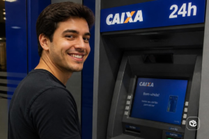 Pessoa em frente a um caixa eletrônico da Caixa Econômica Federal, posicionada de lado para a câmera. O terminal de autoatendimento exibe a marca "CAIXA" e a indicação "24h" na parte superior. Na tela do equipamento aparece a mensagem "Bem-vindo! Insira seu cartão para iniciar". O ambiente possui tons predominantes de azul e iluminação interna de agência bancária.